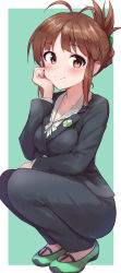 Rule 34 | 1girl, absurdres, akizuki ritsuko, antenna hair, breasts, brown eyes, brown hair, business suit, folded ponytail, formal, full body, happy birthday, highres, idolmaster, idolmaster (classic), idolmaster million live!, long hair, looking at viewer, medium breasts, no eyewear, office lady, shuucream (syuichi), skirt, skirt suit, smile, solo, squatting, suit