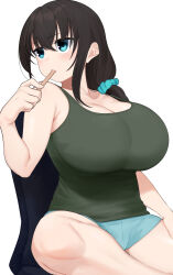 Rule 34 | 1girl, blue eyes, blue scrunchie, blue shorts, breasts, chair, cleavage, closed mouth, green tank top, hair ornament, hand on own thigh, highres, holding, huge breasts, iwami sayaka, mouth hold, omizu (h2o), on chair, original, popsicle stick, scrunchie, short shorts, shorts, sidelocks, sitting, solo, tank top