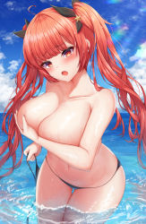 Rule 34 | 1girl, :o, azur lane, bikini, bikini bottom only, black bikini, black ribbon, blue sky, blunt bangs, blush, breasts, collarbone, covering privates, covering breasts, cowboy shot, female focus, gluteal fold, hair ribbon, highres, honolulu (azur lane), honolulu (summer accident?!) (azur lane), in water, large breasts, long hair, looking at viewer, ocean, open mouth, outdoors, red eyes, red hair, ribbon, ryakusun, sky, solo, standing, swimsuit, thigh gap, topless, twintails, wading, water, wet