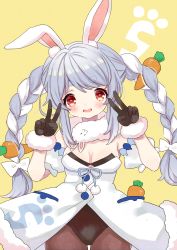 Rule 34 | 1girl, animal ear fluff, animal ears, black gloves, black pantyhose, blue hair, blush, bow, braid, breasts, carrot hair ornament, carrot print, cleavage, commentary request, cowboy shot, don-chan (usada pekora), double v, food-themed hair ornament, food print, fur-trimmed gloves, fur trim, gloves, hair bow, hair ornament, highres, hololive, leotard, long hair, looking at viewer, maitou, medium breasts, open mouth, pantyhose, playboy bunny, rabbit ears, red eyes, short eyebrows, simple background, solo, thick eyebrows, twin braids, usada pekora, usada pekora (1st costume), v, virtual youtuber, white bow, white hair, yellow background