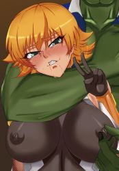 Rule 34 | 1girl, asphyxiation, blonde hair, blush, bodysuit, breasts, covered erect nipples, forced smile, highres, igawa sakura, large breasts, looking at viewer, no1218, orc, taimanin (series), taimanin asagi, v