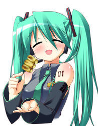 Rule 34 | amakara surume, blush, detached sleeves, eating, closed eyes, hatsune miku, open mouth, solo, surume (pixiv3908), twintails, vocaloid