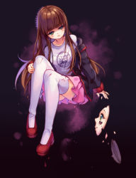 Rule 34 | 1girl, artist name, black jacket, blunt bangs, blush, borrowed character, brown hair, closed mouth, commission, full body, gradient background, green eyes, hand on own knee, highres, hyanna-natsu, invisible chair, jacket, knee up, long hair, long sleeves, looking down, mask, off shoulder, original, pink skirt, purple background, red footwear, sad, shards, shirt, shoes, sitting, skirt, solo, thighhighs, very long hair, white shirt, white thighhighs, zettai ryouiki