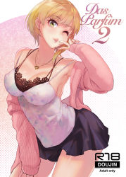 Rule 34 | 1girl, black skirt, blonde hair, blush, breasts, cleavage, collarbone, cover, cover page, covered erect nipples, earrings, gamerag, green eyes, heart, heart necklace, idolmaster, idolmaster cinderella girls, jewelry, large breasts, lips, long sleeves, looking at viewer, miyamoto frederica, necklace, off shoulder, one eye closed, parted lips, short hair, skirt, smile, solo, v
