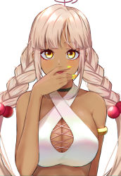 Rule 34 | 1girl, :p, armlet, bare shoulders, bikini, black choker, blush, braid, breasts, choker, cleavage, cleavage cutout, clothing cutout, criss-cross halter, dark-skinned female, dark skin, hair ornament, halterneck, highres, hololive, hololive english, large breasts, light brown hair, limiter (tsukumo sana), long hair, looking at viewer, nail polish, saco (cgmore), simple background, solo, swimsuit, tongue, tongue out, tsukumo sana, twin braids, twintails, virtual youtuber, white background, white bikini, yellow eyes, yellow nails