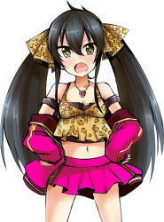 Rule 34 | 10s, 1girl, :o, bare shoulders, black hair, collarbone, detached sleeves, hands on own hips, idolmaster, idolmaster cinderella girls, jewelry, long sleeves, matoba risa, navel, necklace, open mouth, sidelocks, simple background, solo, standing, twintails, white background, yunodon (sugar maple)