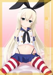 Rule 34 | 1girl, anchor, anchor hair ornament, black hairband, black neckerchief, black panties, blonde hair, breasts, crop top, elbow gloves, gloves, grey eyes, hair ornament, hairband, highleg, highleg panties, highres, inaba shiki, kantai collection, lifebuoy, long hair, looking at viewer, microskirt, miniskirt, neckerchief, panties, sailor collar, school uniform, serafuku, shimakaze (kancolle), sitting, skirt, small breasts, solo, striped clothes, striped thighhighs, swim ring, thighhighs, underwear, white gloves