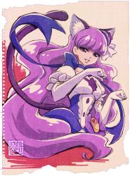 Rule 34 | 1girl, animal ears, breasts, cat ears, cat tail, choker, commentary request, cure macaron, dress, earrings, elbow gloves, extra ears, eyelashes, food, food-themed hair ornament, gloves, hair ornament, happy, jewelry, kamikita futago, kirakira precure a la mode, kotozume yukari, long hair, looking at viewer, macaron, macaron hair ornament, magical girl, medium breasts, official art, pom pom (clothes), pom pom earrings, precure, puffy short sleeves, puffy sleeves, purple choker, purple dress, purple eyes, purple hair, purple ribbon, purple theme, ribbon, ribbon choker, short sleeves, smile, solo, tail, white gloves