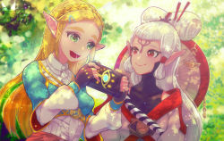 Rule 34 | 2girls, :d, black gloves, blonde hair, blue eyes, blue shirt, bodysuit, bodysuit under clothes, chichi band, commentary request, eye symbol, fingerless gloves, forehead tattoo, gloves, grey shirt, hair ornament, hair stick, hairclip, hyrule warriors: age of calamity, impa, long hair, multiple girls, nintendo, open mouth, pointy ears, princess zelda, red eyes, sheikah, sheikah slate, shirt, silver hair, smile, the legend of zelda, the legend of zelda: breath of the wild, upper body