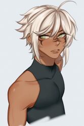 Rule 34 | 1boy, ahoge, aiphelix, bare shoulders, black shirt, compression shirt, dark-skinned male, dark skin, facial mark, green eyes, grey hair, highres, looking to the side, original, parted lips, pectorals, shirt, short hair, sleeveless, sleeveless shirt, sleeveless turtleneck, toned, toned male, turtleneck, upper body