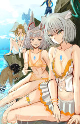 Rule 34 | 2boys, 4girls, animal ears, bikini, blue sky, breasts, brown hair, cat ears, chest jewel, cleavage, eunie (xenoblade), feathered wings, grey hair, head wings, highres, lanz (xenoblade), looking at viewer, mio (xenoblade), multiple boys, multiple girls, nia (xenoblade), official alternate costume, partially submerged, sena (xenoblade), shindayomon, sitting, sky, smile, swimsuit, taion (xenoblade), water, wings, xenoblade chronicles (series), xenoblade chronicles 3, yellow eyes