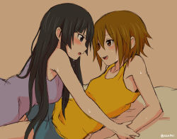 Rule 34 | 2girls, akiyama mio, black hair, blush, brown hair, een941, girl on top, hand on another&#039;s arm, highres, k-on!, long hair, looking at another, lying, multiple girls, on back, open mouth, short hair, shorts, sweat, tainaka ritsu, yuri