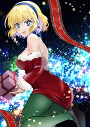 Rule 34 | 1girl, absurdres, alternate costume, ass, backless dress, backless outfit, blonde hair, blue eyes, breasts, christmas, constance von nuvelle, dress, drill hair, drill sidelocks, earrings, fire emblem, fire emblem: three houses, gift, green pantyhose, hairband, high heels, highres, holding, holding gift, jewelry, looking at viewer, medium breasts, mu tu bu, nintendo, open mouth, pantyhose, purple hair, red dress, santa dress, short hair, sideboob, sidelocks, smile, solo, v-shaped eyebrows