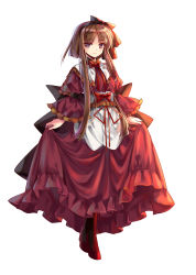 Rule 34 | 1girl, akinomiya asuka, apron, bib, blunt bangs, bow, brown hair, closed mouth, clothes lift, dress, dress lift, frilled dress, frills, full body, hair bow, hairband, high heels, highres, long sleeves, looking at viewer, nail polish, nishida satono, pink dress, purple eyes, red bow, red footwear, red nails, shoes, short hair with long locks, simple background, solo, standing, touhou, waist apron, white background