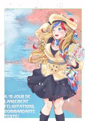 Rule 34 | 1girl, absurdres, anchor hair ornament, beret, black socks, blonde hair, blue hair, bouquet, buttons, commandant teste (kancolle), commentary request, double-breasted, dress, flower, french text, hair ornament, hat, highres, kantai collection, lace, lace panties, long hair, multicolored clothes, multicolored hair, multicolored scarf, one eye closed, panties, plaid, plaid scarf, pom pom (clothes), scarf, socks, solo, standing, streaked hair, swept bangs, thrux, underwear, wavy hair, white hair, white panties