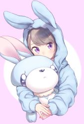Rule 34 | 1girl, animal ears, animal hood, blush, brown hair, commentary request, covered mouth, heart, heart in eye, highres, hood, hood up, looking at viewer, hugging object, original, pajamas, purple background, purple eyes, rabbit ears, rabbit hood, rabbit pajamas, solo, stuffed animal, stuffed rabbit, stuffed toy, symbol in eye, two side up, umeno (shio1205), white background
