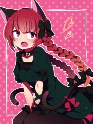 Rule 34 | &gt;:o, 1girl, :o, animal ears, bad id, bad pixiv id, between legs, black bow, black pantyhose, blunt bangs, blush, bow, braid, buckle, cat ears, cat tail, collar, dress, fangs, green dress, hair bow, hand between legs, heart, kaenbyou rin, leaning forward, long hair, looking at viewer, multiple tails, open mouth, outline, pantyhose, pink background, pink eyes, polka dot, polka dot background, red hair, short sleeves, sitting, solo, tail, tail bow, tail ornament, touhou, twin braids, two tails, v-shaped eyebrows, wariza, white outline, you (noanoamoemoe)