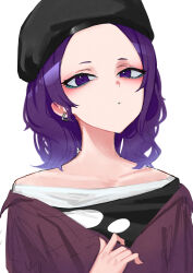 Rule 34 | 1girl, absurdres, beret, black hat, collarbone, eyeshadow, forehead, hat, highres, idolmaster, idolmaster shiny colors, looking at viewer, makeup, off-shoulder shirt, off shoulder, purple eyes, purple hair, ryo---ta, shirt, simple background, solo, tanaka mamimi, upper body, white background
