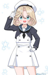 Rule 34 | 1girl, adapted costume, alternate sleeve length, black jacket, black neckerchief, blonde hair, blue eyes, blue sailor collar, dress, gloves, hand on own hip, hat, jacket, janus (kancolle), kantai collection, long sleeves, masara (chuujou), neckerchief, one-hour drawing challenge, open mouth, parted bangs, sailor collar, sailor dress, sailor hat, salute, short hair, smile, solo, star (symbol), starry background, white background, white dress, white gloves, white hat