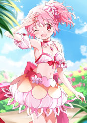 Rule 34 | 1girl, arm up, bare shoulders, bikini, breasts, bubble skirt, choker, commentary, cowboy shot, detached sleeves, flower, hair flower, hair ornament, highres, kaname madoka, kaname madoka (swimsuit ver.), magia record: mahou shoujo madoka magica gaiden, mahou shoujo madoka magica, midriff, navel, one eye closed, open mouth, pink bikini, pink hair, puffy short sleeves, puffy sleeves, red eyes, rikopin, short sleeves, side ponytail, skirt, small breasts, smile, solo, stomach, swimsuit