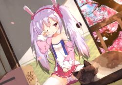 Rule 34 | 1girl, animal, animal ears, azur lane, bare shoulders, blurry, blurry foreground, blush, box, breasts, cameltoe, camisole, cardboard box, cat, cleavage, collarbone, commentary request, deisui, depth of field, dutch angle, hair between eyes, hair ornament, hair scrunchie, hairband, highres, jacket, laffey (azur lane), long hair, long sleeves, looking at viewer, off shoulder, one eye closed, panties, parted lips, pink jacket, pleated skirt, rabbit ears, red eyes, red hairband, red scrunchie, red skirt, rubbing eyes, scrunchie, silver hair, skirt, sleeves past wrists, small breasts, solo, strap slip, striped clothes, striped panties, underwear, very long hair, white camisole