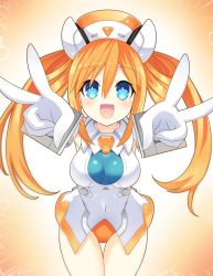Rule 34 | 1girl, :d, armpits, blue eyes, blush, breasts, covered navel, cowboy shot, double v, gloves, hair between eyes, hat, highres, leotard, long hair, looking at viewer, medium breasts, neptune (series), open mouth, orange hair, orange heart (neptunia), power symbol, power symbol-shaped pupils, shin jigen game neptune vii, sidelocks, skin tight, smile, solo, symbol-shaped pupils, thigh gap, twintails, v, very long hair, white gloves, zero (ray 0805)