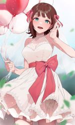 Rule 34 | 1girl, amami haruka, armpits, balloon, blunt bangs, blurry, blurry background, blurry foreground, breasts, brown hair, cleavage, cowboy shot, depth of field, dress, falling leaves, hair ribbon, highres, holding, holding balloon, idolmaster, idolmaster (classic), lace, lace-trimmed dress, lace trim, leaf, looking at viewer, medium breasts, ribbon, see-through, see-through dress, sleeveless, sleeveless dress, smile, solo, wakahiko, white dress