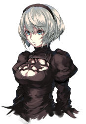 Rule 34 | 1girl, android, bad id, bad pixiv id, black dress, blue eyes, breasts, cleavage, cleavage cutout, clothing cutout, cropped torso, dress, hair between eyes, kusanagi kikoku, mole, mole under mouth, nier (series), nier:automata, no blindfold, silver hair, simple background, solo, white background, 2b (nier:automata)