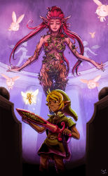 Rule 34 | 1boy, 1girl, blonde hair, breasts, closed eyes, colored skin, fairy, great fairy (zelda), holding, holding sword, holding weapon, joakim sandberg, link, long hair, nintendo, over shoulder, pink hair, pink skin, plant, pointy ears, scabbard, sheath, shield, shield on back, size difference, sword, tatl, the legend of zelda, the legend of zelda: majora&#039;s mask, tunic, vines, weapon, weapon over shoulder