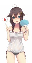 Rule 34 | 10s, 1girl, :d, ahoge, black hair, black panties, blue eyes, blush, braid, breasts, cleavage, contrapposto, cowboy shot, fanning self, food, fruit, gluteal fold, hair between eyes, hair ornament, hair over shoulder, hand fan, highres, index finger raised, kantai collection, looking at viewer, medium breasts, navel, open mouth, panties, paper fan, see-through, shigure (kancolle), shigure kai ni (kancolle), side-tie panties, simple background, smile, solo, speech bubble, standing, strap slip, twin braids, uchiwa, underwear, watermelon, white background, zhi zhi/zu zu