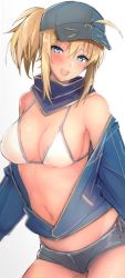 Rule 34 | 1girl, :d, ahoge, artoria pendragon (fate), bad id, bad twitter id, bare shoulders, baseball cap, bikini, bikini top only, black hat, black shorts, blonde hair, blue eyes, blue jacket, blue scarf, blush, breasts, cleavage, commentary request, cowboy shot, fate/grand order, fate (series), hair through headwear, hat, head tilt, jacket, large breasts, long hair, long sleeves, looking at viewer, micro shorts, mobu, mysterious heroine x (fate), mysterious heroine xx (fate), navel, off shoulder, open clothes, open jacket, open mouth, ponytail, scarf, shorts, side-tie bikini bottom, sidelocks, simple background, smile, solo, standing, stomach, swimsuit, white background, white bikini