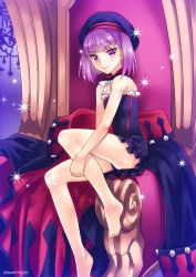 Rule 34 | 1girl, bare shoulders, barefoot, fate/grand order, fate (series), flat chest, hat, helena blavatsky (fate), helena blavatsky (third ascension) (fate), highres, looking at viewer, purple eyes, purple hair, sato-pon, short hair, smile, solo, strapless, throne