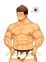 Rule 34 | 1boy, abs, absurdres, bara, blush, boxer briefs, brown hair, bulge, cowboy shot, embarrassed, facial hair, fujimachine (clayten), goatee, hand on own hip, highres, large pectorals, male focus, male underwear, mature male, muscular, muscular male, navel, nipples, pectorals, print male underwear, scar, scar on chest, short hair, sideburns, solo, spiked hair, stomach, stubble, thick thighs, thighs, topless male, underwear, underwear only, veins, white male underwear