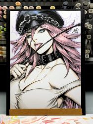 Rule 34 | 1girl, art tools in frame, bare shoulders, big hair, blue eyes, breasts, choker, cleavage, collar, collarbone, commentary, english commentary, final fight, hair between eyes, hat, highres, holding, holding riding crop, large breasts, long hair, marker (medium), off shoulder, peaked cap, pink hair, poison (final fight), riding crop, stanley lau, street fighter, studded collar, tank top, tongue, tongue out, traditional media, upper body, white tank top