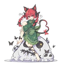 Rule 34 | 1girl, :3, animal ears, barefoot, black ribbon, bow, braid, cat ears, commentary, dress, extra ears, full body, green dress, hair bow, highres, kaenbyou rin, leg ribbon, looking at viewer, medium hair, nekomata, pointy ears, primsla, red bow, red eyes, red hair, ribbon, simple background, sitting, solo, tongue, tongue out, touhou, twin braids, white background