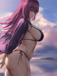 Rule 34 | 1girl, artist name, bikini, black bikini, blurry, blurry background, breasts, chihunhentai, cloud, dusk, fate/grand order, fate (series), from side, hair between eyes, highres, jacket, large breasts, long hair, looking at viewer, looking to the side, navel, open clothes, open jacket, purple hair, purple jacket, red eyes, scathach (fate), side-tie bikini bottom, sideboob, sidelighting, sky, solo, swimsuit, thick thighs, thighs