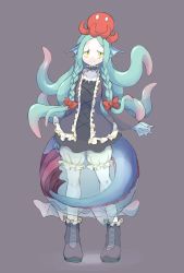 Rule 34 | 1girl, 4138, bloomers, braid, dress, female focus, fins, full body, grey background, head fins, highres, monster girl, octopus, simple background, solo, tail, tentacle hair, tentacles, twin braids, underwear, yellow eyes