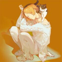 Rule 34 | 1boy, animal, animal on shoulder, ask (askzy), black hair, blonde hair, cat, cat on shoulder, full body, haikyuu!!, hair between eyes, jewelry, kozume kenma, long sleeves, looking at viewer, male focus, multicolored hair, necklace, on floor, pants, shadow, shirt, short hair, sitting, solo, torn clothes, two-tone hair, white footwear, white pants, white shirt, yellow background, yellow eyes