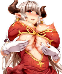 Rule 34 | 10s, 1girl, after paizuri, alicia (granblue fantasy), blush, grabbing another&#039;s breast, breast hold, breasts, center opening, cleavage, covered erect nipples, deep skin, draph, dress, earrings, gloves, grabbing, granblue fantasy, heavy breathing, highres, horns, huge breasts, jewelry, large breasts, long hair, looking at viewer, magukappu, nipples, open mouth, paizuri invitation, pointy ears, puffy nipples, red eyes, silver hair, simple background, smile, solo, underboob, upper body, very long hair, white gloves