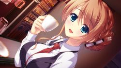 Rule 34 | 1girl, ameto yuki, bar (place), blush, breasts, brown hair, cup, female focus, game cg, green eyes, hair bun, happy, large breasts, looking at viewer, makihara shiho (pure x connect), necktie, open mouth, pure x connect, single hair bun, sitting, smile, solo, upper body