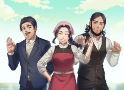 Rule 34 | 1girl, 2boys, :d, :o, apron, beard, black eyes, black hair, black pants, black vest, blue eyes, blue suit, braid, braided ponytail, character request, claw pose, collared shirt, closed eyes, facial hair, foxvulpine, golden kamuy, kiroranke, long hair, looking at viewer, multiple boys, mustache, open mouth, pants, red apron, scar, scar on face, scar on forehead, shirt, simple background, smile, sofia (golden kamuy), suit, vest, waving, white shirt, wilk (golden kamuy), aged down