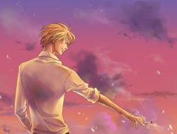 Rule 34 | 1boy, blonde hair, cigarette, cloud, collared shirt, hinoe (dd works), male focus, manly, one piece, sanji (one piece), shirt, sky, smoking, solo, standing, sunset, white shirt