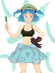 Rule 34 | 1girl, :t, blue eyes, blue hair, breasts, cleavage, clothes around waist, cucumber, female focus, gloves, hair bobbles, hair ornament, hat, jacket, jacket around waist, jean (jean sp), kawashiro nitori, matching hair/eyes, midriff, navel, short hair, short twintails, skirt, solo, sports bra, touhou, twintails, two side up