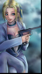 Rule 34 | 1girl, artist request, blonde hair, blue eyes, breasts, cleavage, closed mouth, coat, collarbone, facing viewer, gun, hair tie, hands up, high ponytail, holding, holding gun, holding weapon, long hair, looking to the side, lowres, margarete gertrude zelle, medium breasts, ponytail, shadow hearts, sitting, solo, weapon, white coat