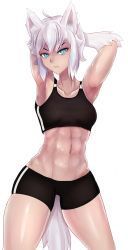 Rule 34 | 1girl, abs, animal ears, aqua eyes, armpits, arms up, bike shorts, breasts, cowboy shot, fang, female focus, highres, midriff, monster girl, monster girl island, muscular, muscular female, navel, redamz, short hair, silver hair, slit pupils, small breasts, solo, sports bra, tail, thick thighs, thighs, wolf ears, wolf girl, wolf tail