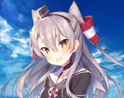 Rule 34 | 1girl, amatsukaze (kancolle), blue sky, brown dress, brown eyes, cloud, collarbone, day, dress, grey neckerchief, grin, hair tubes, hat, highres, kantai collection, lifebuoy, long hair, looking at viewer, mini hat, neckerchief, outdoors, sailor collar, sailor dress, silver hair, sky, smile, solo, swim ring, tahya, tilted headwear, two side up, upper body, white sailor collar