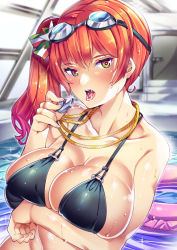Rule 34 | 1girl, arm under breasts, azur lane, bikini, black bikini, blush, breasts, cleavage, collarbone, goggles, goggles on head, hair ornament, highres, indoors, large breasts, long hair, looking at viewer, o-ring, o-ring bikini, poolside, red hair, rei no pool, saliva, saliva trail, side ponytail, skindentation, solo, swimsuit, takano itsuki, wet, whistle, whistle around neck, zara (azur lane), zara (poolside coincidence) (azur lane)