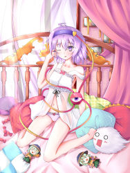 Rule 34 | &gt; &lt;, 1girl, absurdres, ahoge, alternate costume, babydoll, bare arms, bare legs, bow, cameltoe, candy, character doll, curtains, closed eyes, food, frilled pillow, frills, hand in own hair, headband, heart, highres, kedama (touhou), kneeling, komeiji koishi, komeiji satori, light purple hair, lingerie, mero (3445036), mero (ly21207), navel, off shoulder, on bed, one eye closed, panties, parted lips, photo (object), pillow, purple eyes, purple panties, ribbon, sitting, solo, third eye, touhou, underwear, underwear only, wariza, window, wink