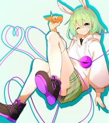 Rule 34 | 1girl, ;), alternate costume, animal ears, arm at side, black footwear, blue eyes, blush, bright pupils, carrot, casual, chinese zodiac, closed mouth, commentary request, convenient leg, cross-laced footwear, double-parted bangs, drop shadow, foot out of frame, green background, green skirt, hair between eyes, hand up, heart, heart of string, highres, holding, holding carrot, hood, hood down, hoodie, kemonomimi mode, knees up, komeiji koishi, koroyarou, long sleeves, looking at viewer, medium hair, miniskirt, no headwear, one eye closed, pinky out, plaid, plaid skirt, pleated skirt, rabbit ears, shoes, simple background, skirt, smile, sneakers, solo, split mouth, thighhighs, third eye, touhou, white hoodie, white pupils, white thighhighs, year of the rabbit