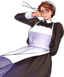 Rule 34 | 1girl, arm behind back, arm up, blush, brown hair, closed mouth, emma (victorian romance emma), frills, glasses, hair between eyes, maid, puffy sleeves, round eyewear, simple background, smile, solo, takasugi kou, victorian romance emma, white background